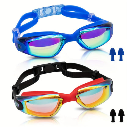 Two-Pack Mirrored Swim Goggles with Adjustable Split Straps and Black-White or Red-Blue Color Sets