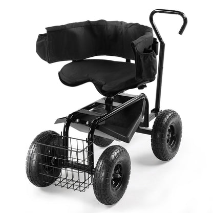 Rolling Garden Seat Cart, Backrest, Cushion, Telescopic Handle & Storage Basket, Steel Frame