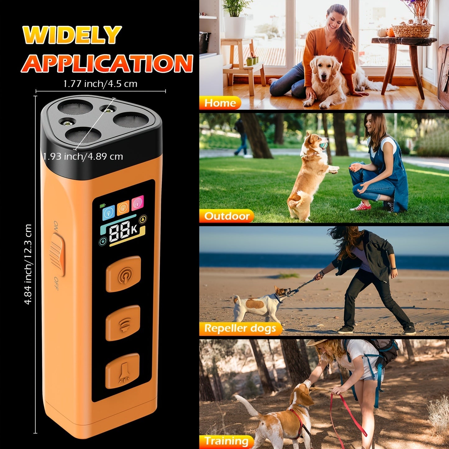 65ft Long-Range Dog Repeller – Triple-Head Ultrasonic Bark Deterrent, Powerful Soundwave Technology, USB Rechargeable Portable Handheld
