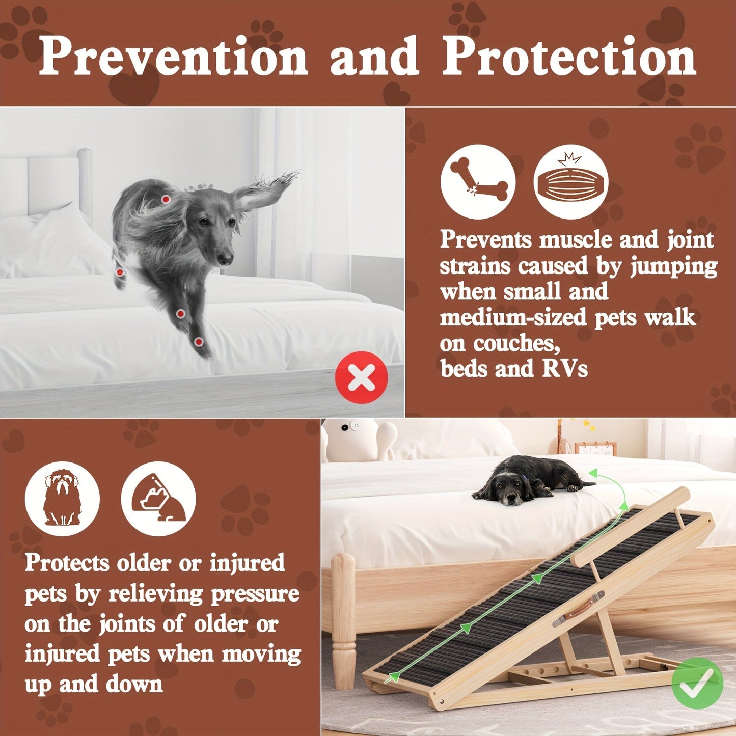 Dog Ramp for Bed & Sofa – Foldable Wooden Pet Ramp with Safety Guards, Adjustable Height, Holds 250 lbs, Indoor Outdoor Dog Steps