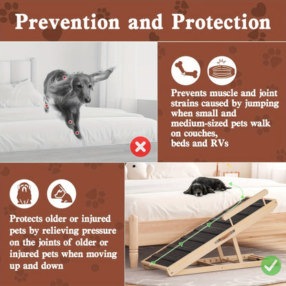 Dog Ramp for Bed & Sofa – Foldable Wooden Pet Ramp with Safety Guards, Adjustable Height, Holds 250 lbs, Indoor Outdoor Dog Steps