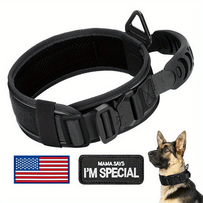 Wide Tactical Dog Collar with Padded Grab Handle, Reflective Stitching, Two Patches and M–XL Sizing