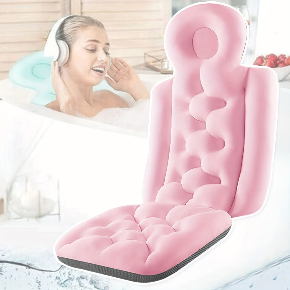 Pink Full-Body Bathtub Cushion in 93 × 40 cm Size with Contoured Headrest and Hanging Loop