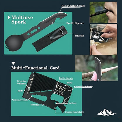 37-in-1 Black Outdoor Tool Kit with Fire-Starting Accessories, Whistle, Compass and Storage Case