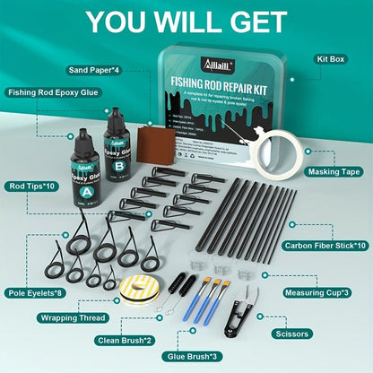 Fishing Rod Repair Kit with Top Rings Guides AB Epoxy Glue Winding Line Textured Paper Complete Rod Break Fix Set Iron Rod Guides