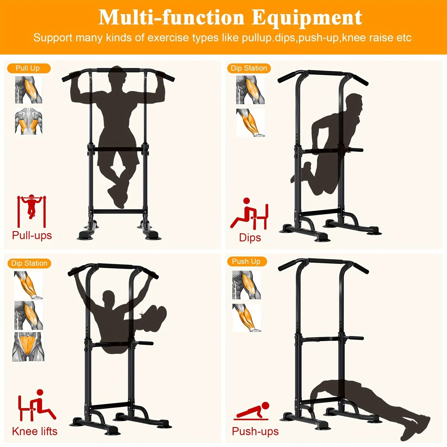 Power Tower Dip Station Pull Up Bar for Home Gym – 330lb Capacity, 10 Height Levels 65"-83", 6 Exercise Positions