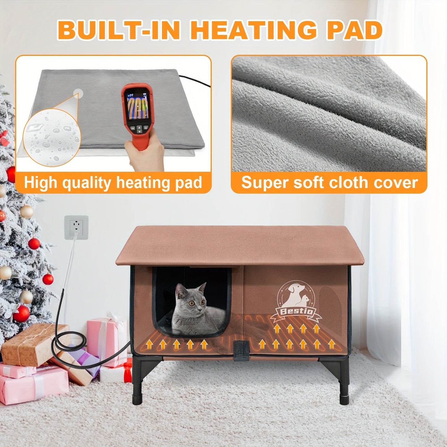 Heated Cat House 3-in-1 with Removable Warming Pad, Elevated Cat Bed for Indoor & Outdoor Cats, Chew-Resistant Cord, Double Door Cat Cave
