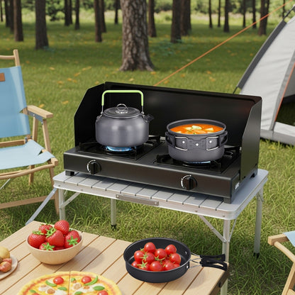 Camping Cookware Set, 19- or 27-Piece Coated Aluminum Mess Kit with Pot, Pan, Kettle, Cups, Plates and Cutlery