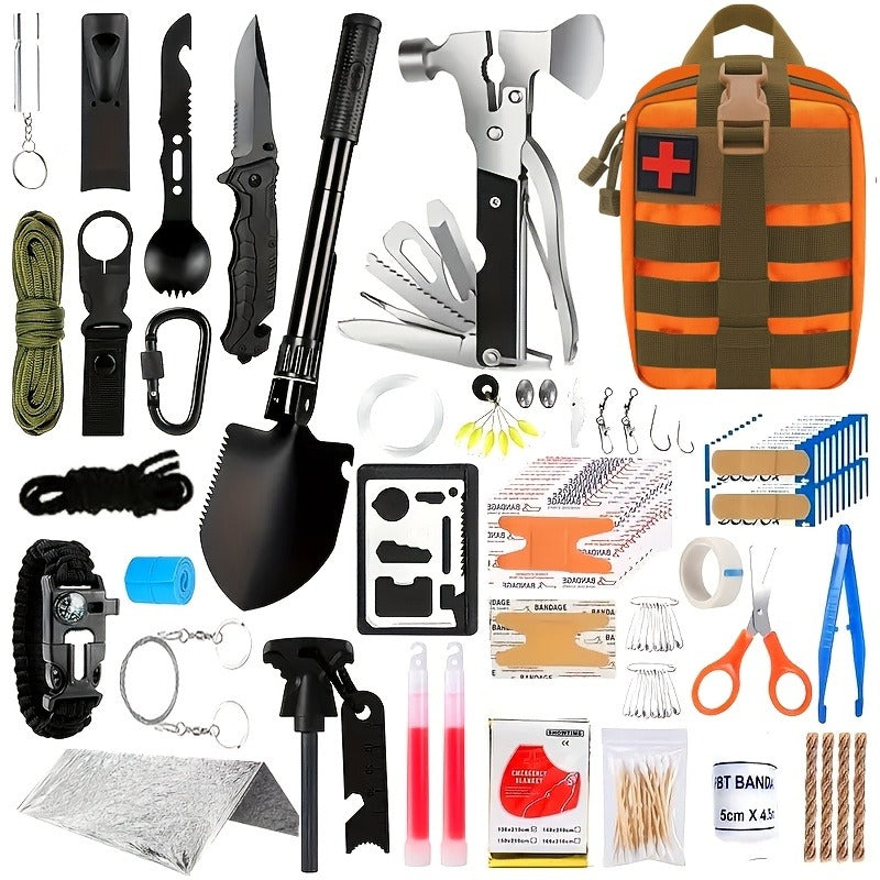 Emergency Survival Kit with MOLLE-Style Bag, Pictured Multi-Tool and First-Aid Assortment in Two Colors