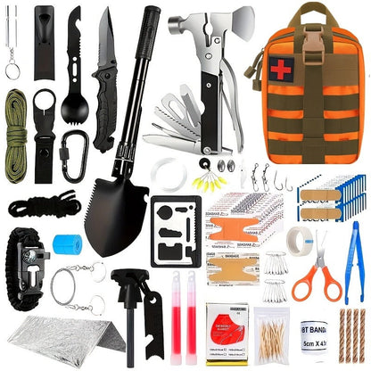 Emergency Survival Kit with MOLLE-Style Bag, Pictured Multi-Tool and First-Aid Assortment in Two Colors