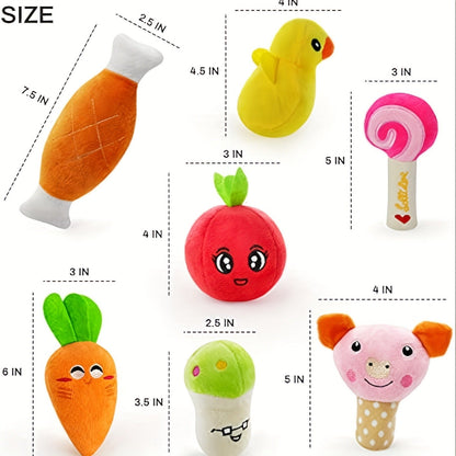 Fourteen-Piece Plush Dog Toy Set with Fruit, Vegetable and Snack Shapes for Supervised Squeaky Play