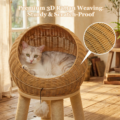 Dinosaur Cat Tree Tower 46 Inch – Large Rattan Cat House with 4 Sisal Scratching Posts, Wicker Bed & Removable Mat