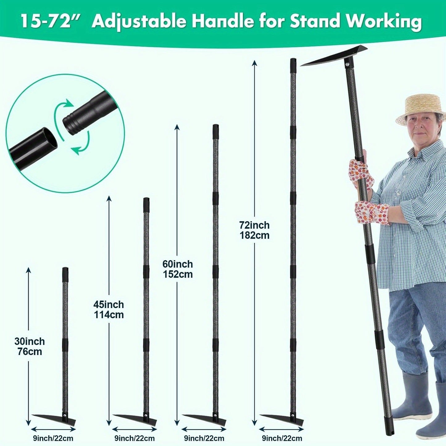 Garden Hoe Triangle Carbon Steel with Adjustable 15-72 Inch Long Handle, Sharp Triangular Blade for Weeding