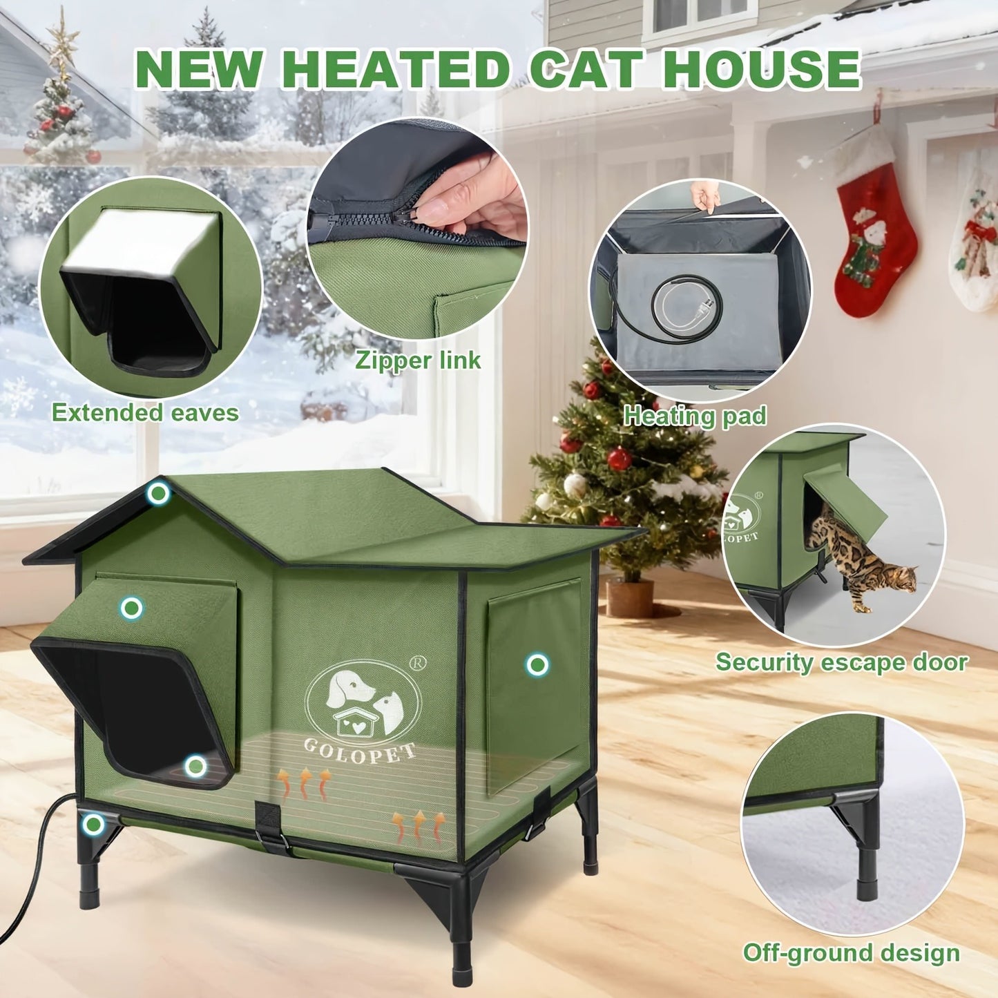 Elevated Cat House & Dog Bed with Detachable Heating Pad – Raised Outdoor Indoor Pet Bed for Cats Small Dogs