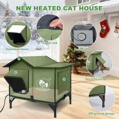 Elevated Cat House & Dog Bed with Detachable Heating Pad – Raised Outdoor Indoor Pet Bed for Cats Small Dogs
