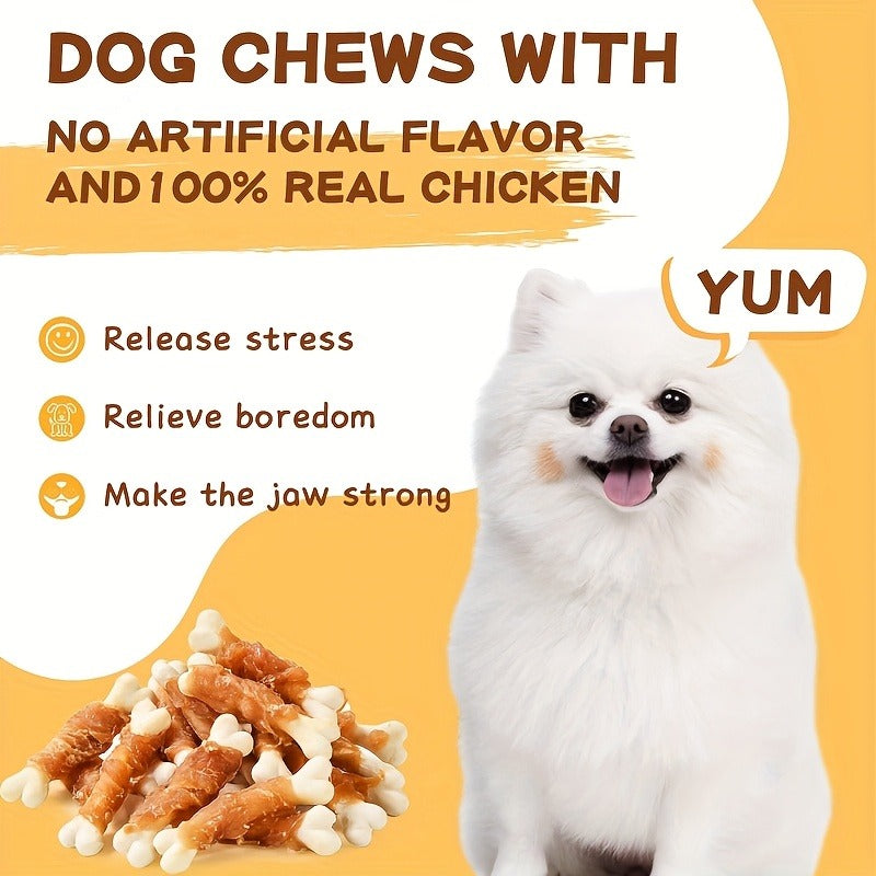 Dog Treats Chicken or Duck Wrapped Bone-Shaped Biscuits in Two-Pack Flavor Options for Reward Use