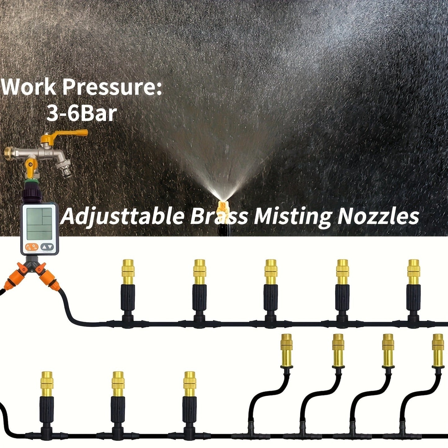 Outdoor Misting Cooling System 15m – 1/4" Brass Nozzles, 4/7mm Hose, Patio Garden Greenhouse