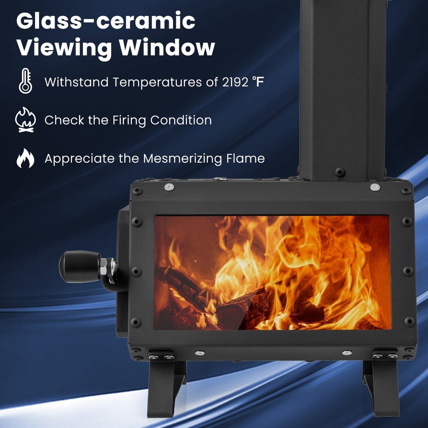Camp Stove Wood Burning 2-in-1 Outdoor Cookstove & Heater, Carbon Steel, Glass-Ceramic Window, Dual Cooking Positions
