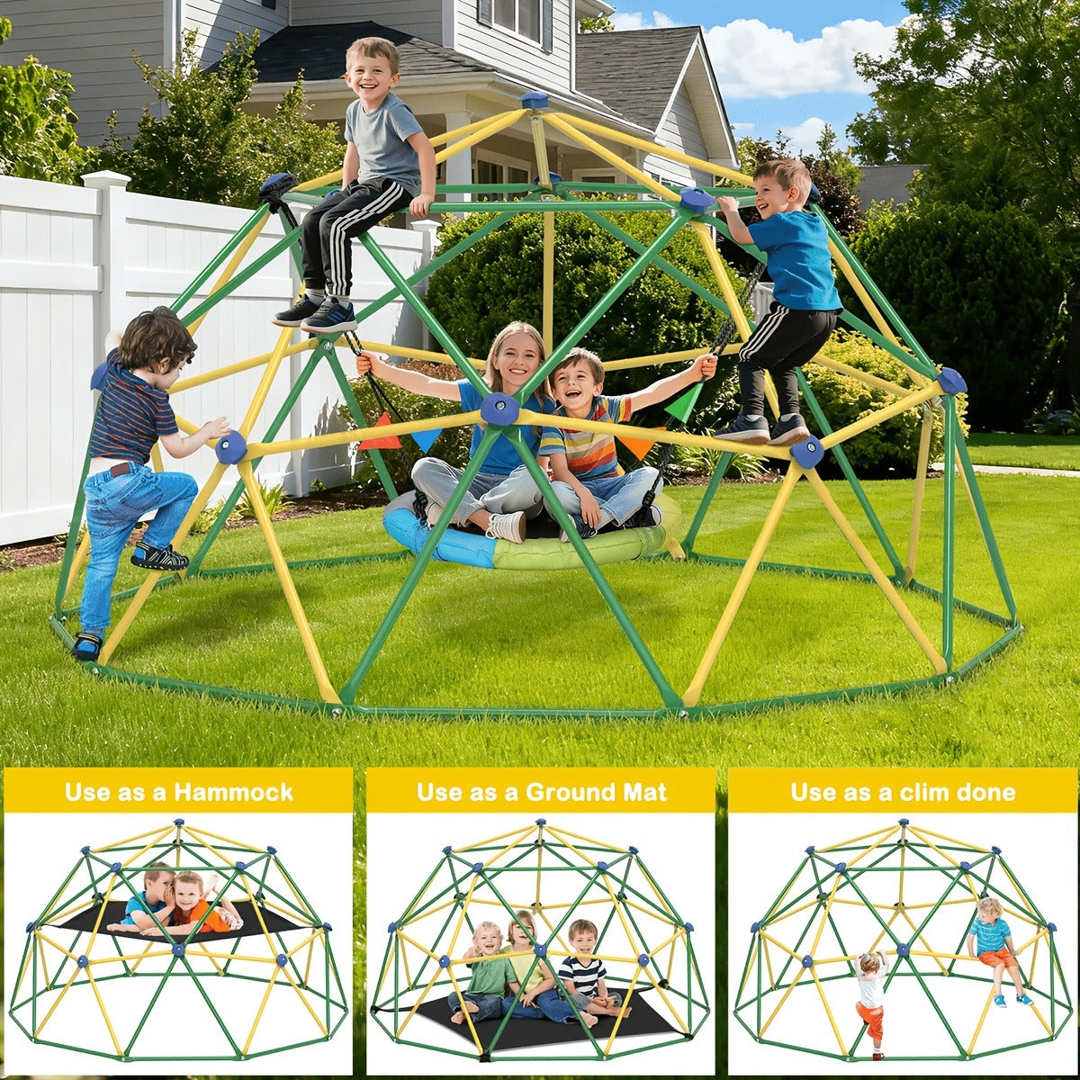10FT Kids Climbing Dome with Hammock Swing Disc Swing Backyard Jungle Gym Steel Frame Outdoor Play Equipment 1000 LBS Capacity Gift for Boys