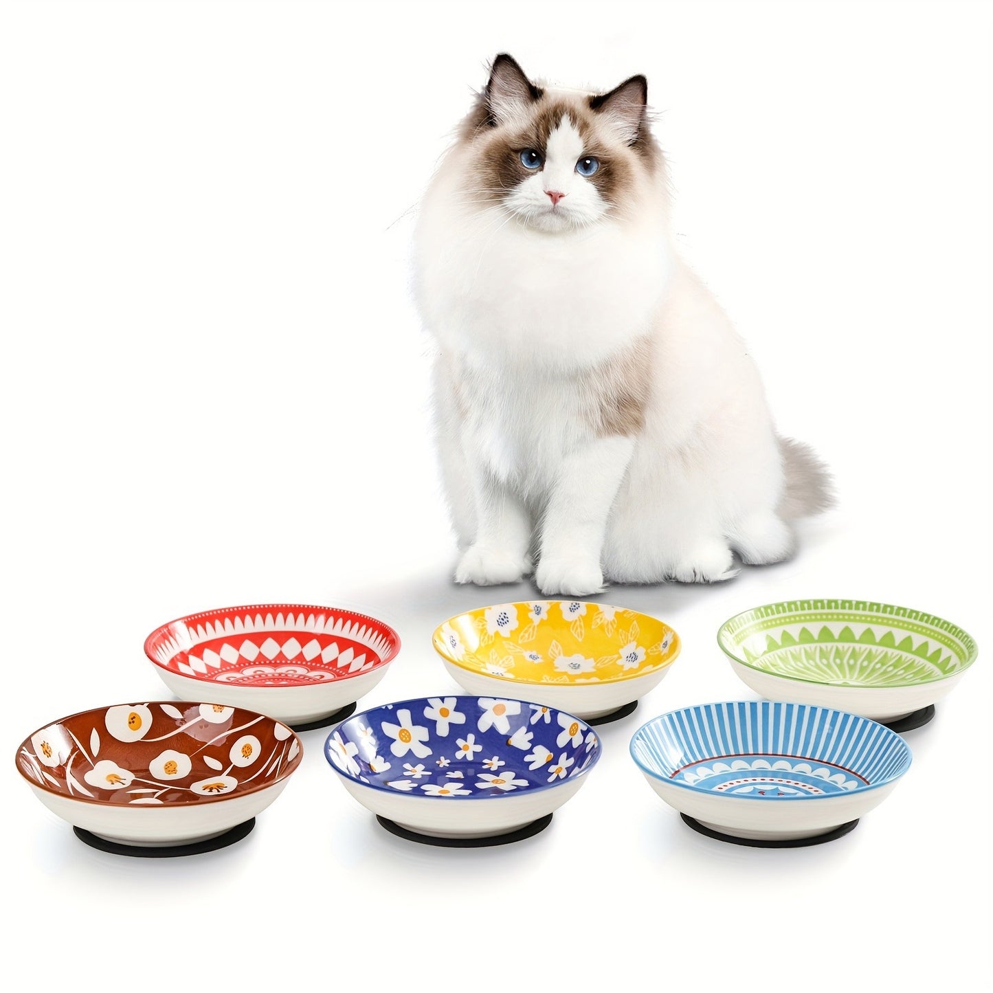 Ceramic Cat Bowls Set of 6 – Shallow Wide Cat Food Plate Whisker Friendly with Non-Slip Mat, Fairy Tales Colorful Design