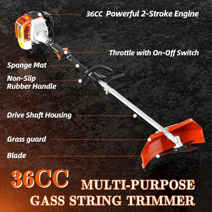 Gas String Trimmer 3-in-1, 36CC/48CC/52CC 2-Stroke Brush Cutter & Weed Wacker with String Head, 3T Blade & 40T Circular Blade