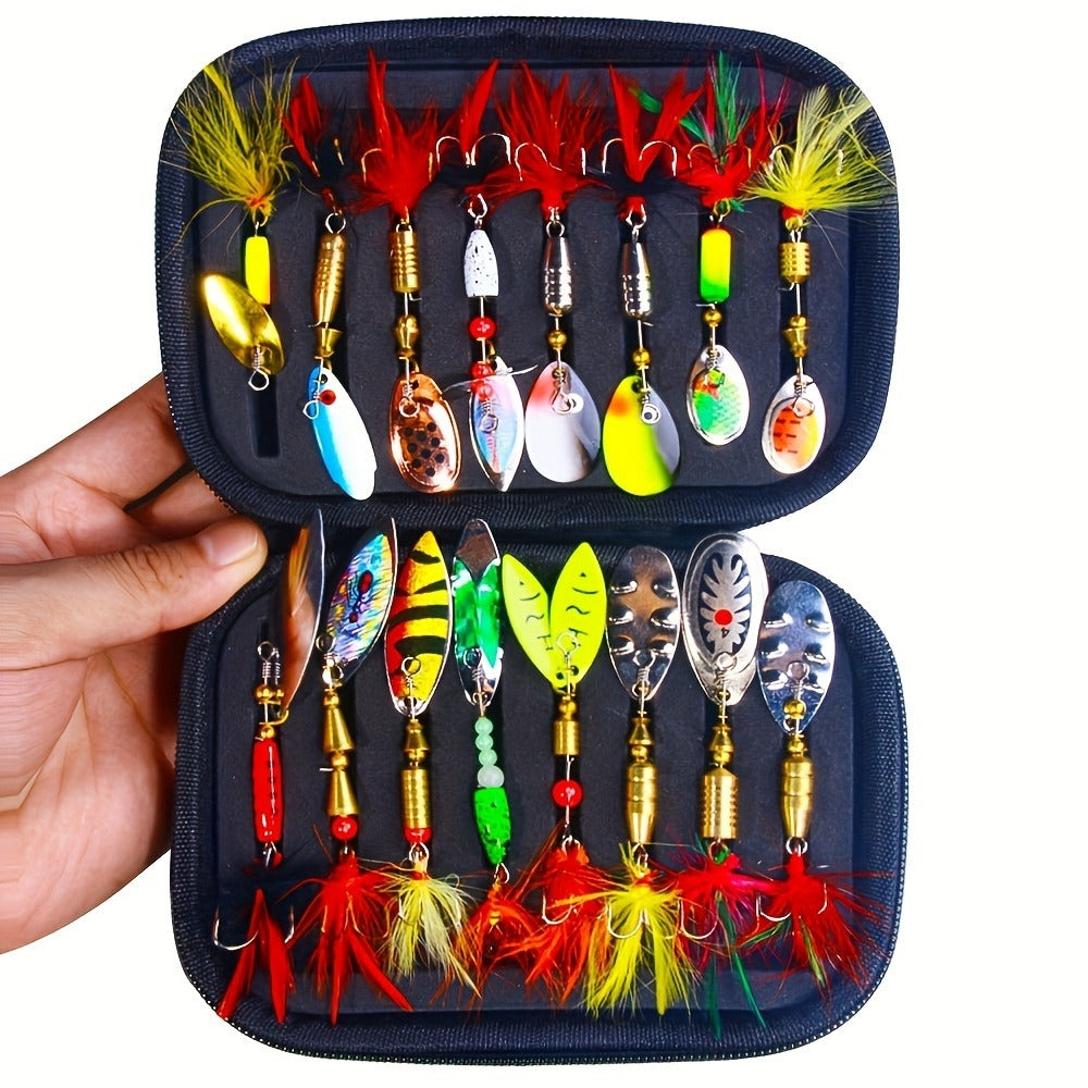 Fishing Lure Set 16-Piece Metal Spinner Spoon Baits with Feathered Single Hooks, Mixed Colors and Zipper Storage Case
