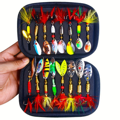Fishing Lure Set 16-Piece Metal Spinner Spoon Baits with Feathered Single Hooks, Mixed Colors and Zipper Storage Case