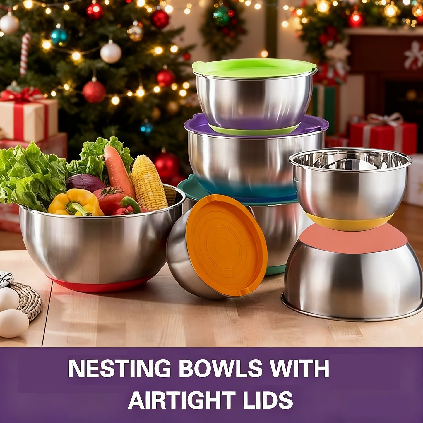 Stainless Steel Mixing Bowls Set with Airtight Lids 7 Piece, Stackable Nesting Bowls with Measuring Spoons Whisk Spatula Tongs Basting