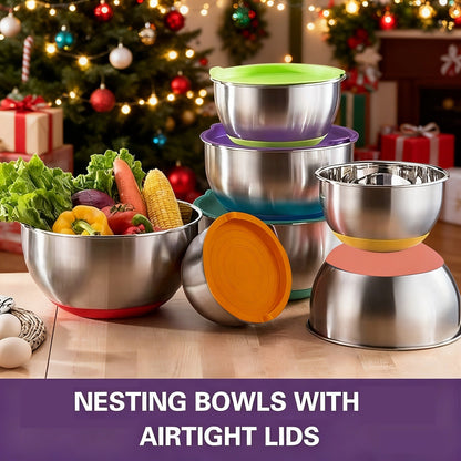 Stainless Steel Mixing Bowls Set with Airtight Lids 7 Piece, Stackable Nesting Bowls with Measuring Spoons Whisk Spatula Tongs Basting