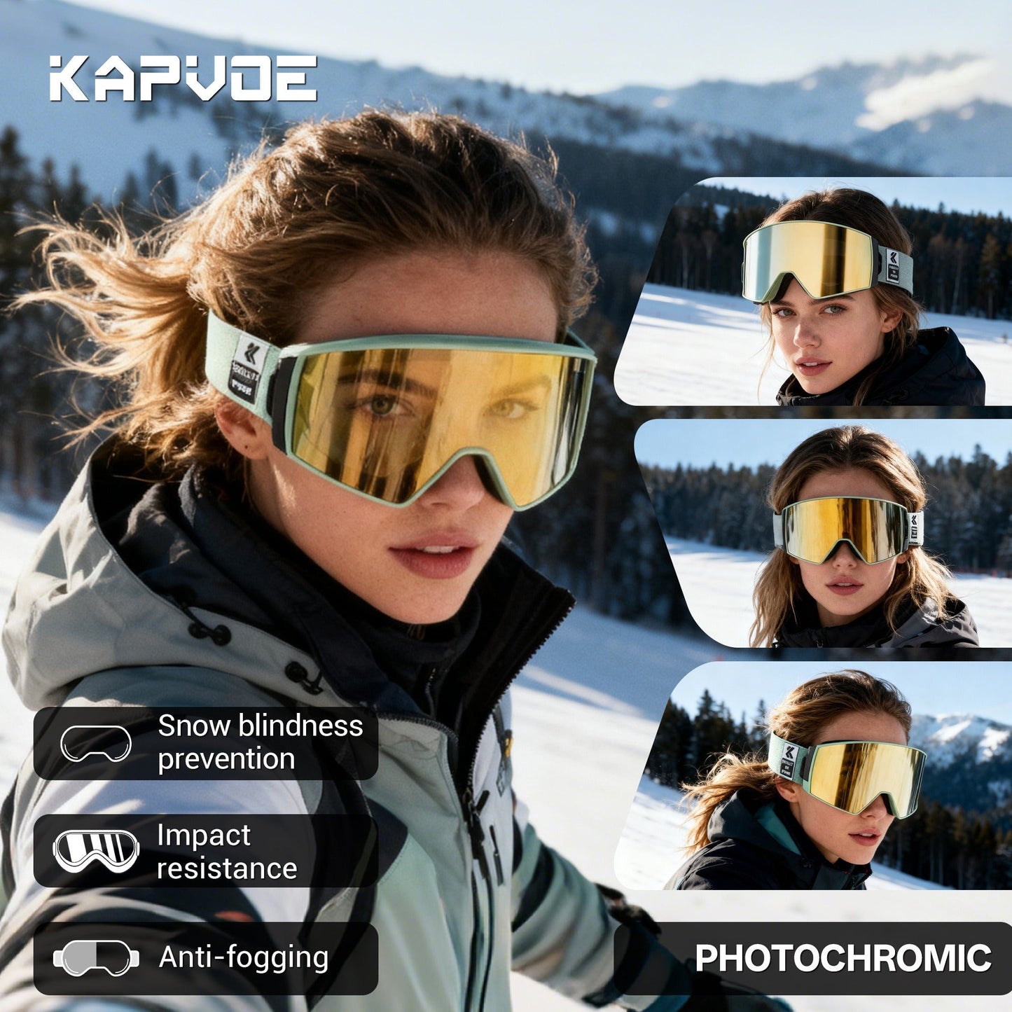 KAPVOE Ski Goggles with Magnet-Attached Interchangeable Lens Interface and Seven K721 Color Codes