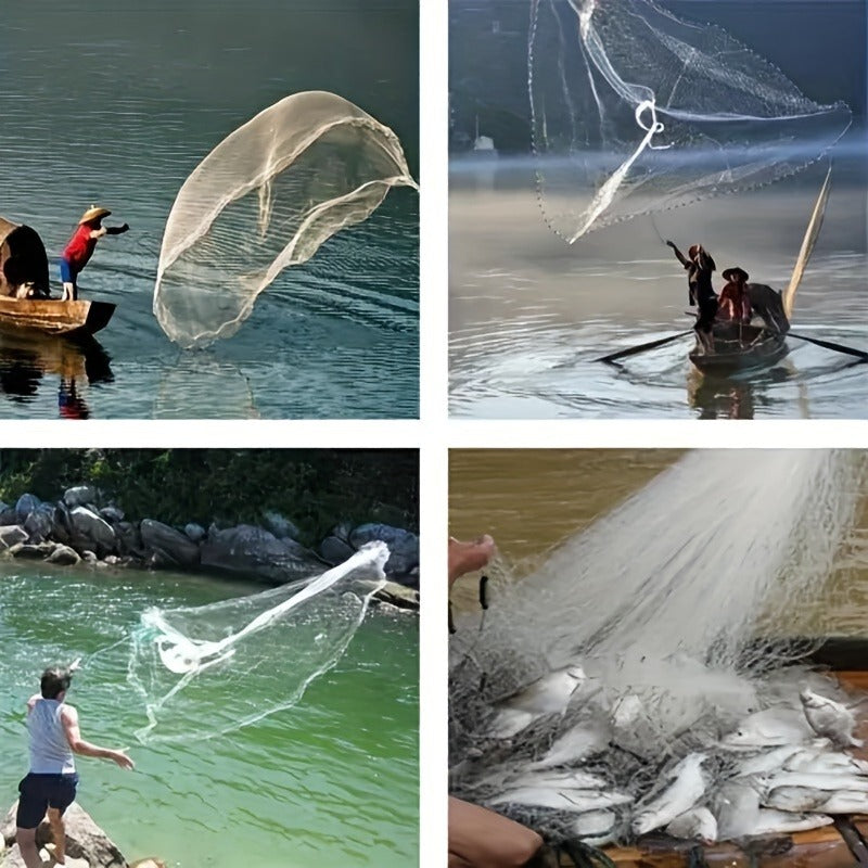 Throw Cast Net 8FT 10FT Transparent Thread Nylon Mesh 3/8in, Galvanized Zinc Sinkers 26ft PE Braid Hand Line No-Ring Design for Shrimp Bait