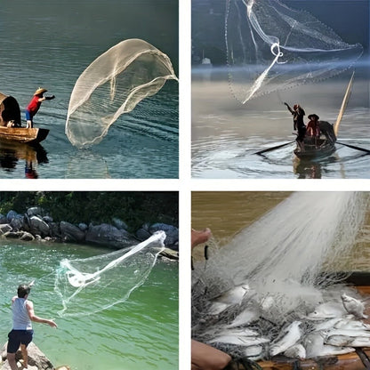 Throw Cast Net 8FT 10FT Transparent Thread Nylon Mesh 3/8in, Galvanized Zinc Sinkers 26ft PE Braid Hand Line No-Ring Design for Shrimp Bait