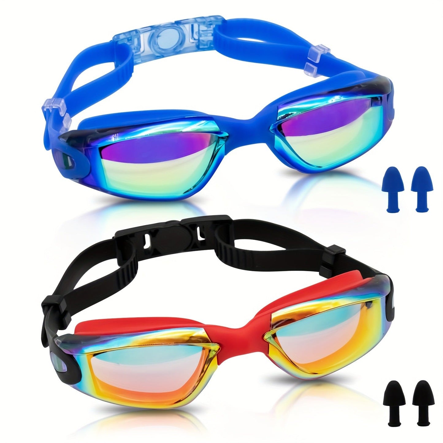 Two-Pack Mirrored Swim Goggles with Adjustable Split Straps and Black-White or Red-Blue Color Sets