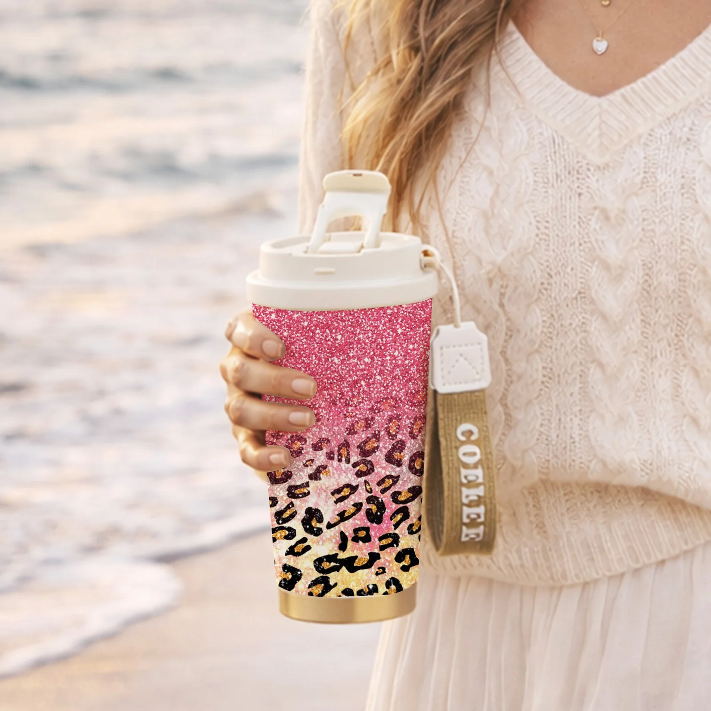 Glitter Leopard Print 18oz Stainless Steel Tumbler with Fold-Down Straw Lid and Carry Strap