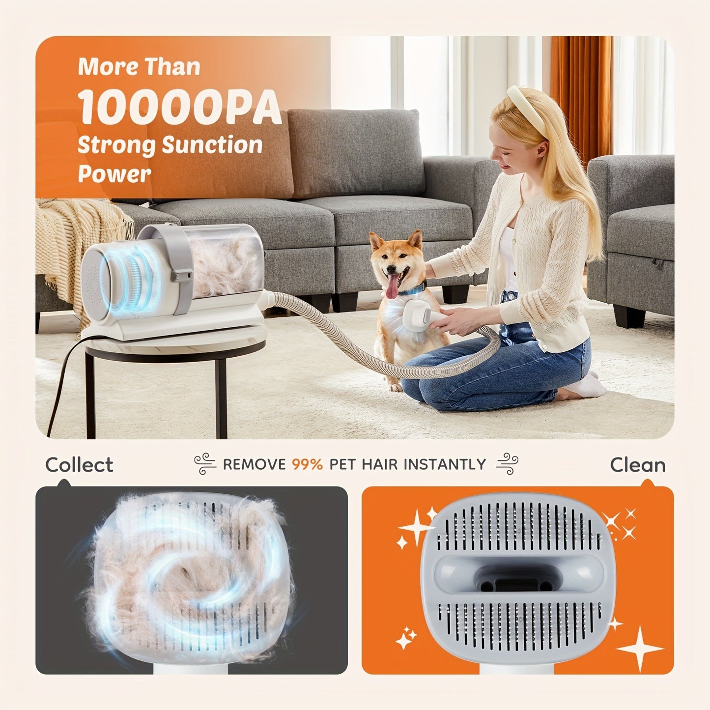 Pet Grooming Vacuum Kit 5-in-1 Professional Clippers 99% Hair Suction 6 Guide Combs Multifunctional Dog Cat Grooming Tools White Blue Grey