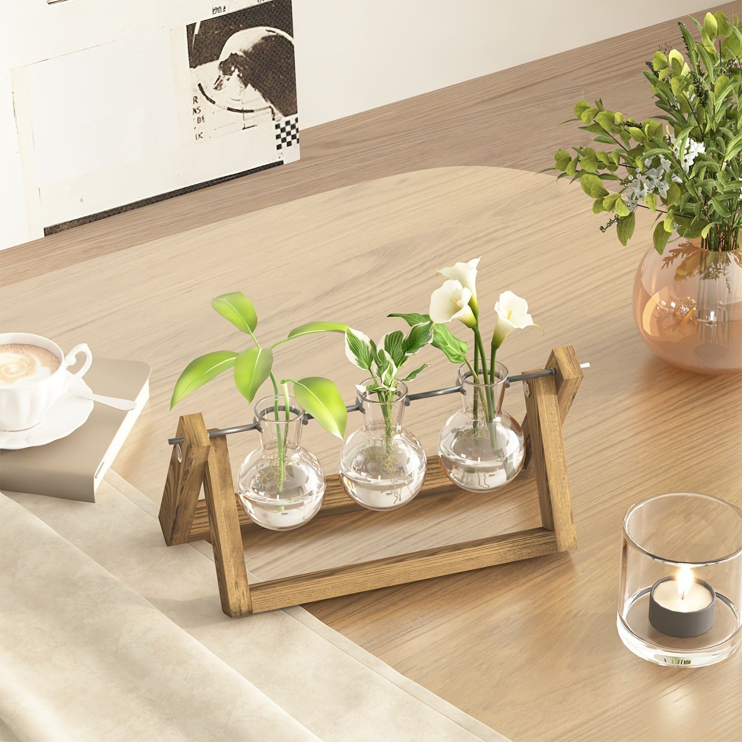 Glass Terrarium Heart Shaped Hydroponic Vase with Wooden Stand – Elegant Plant Propagation Station for Home Decor