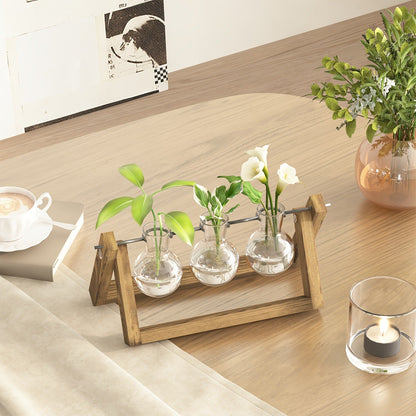 Glass Terrarium Heart Shaped Hydroponic Vase with Wooden Stand – Elegant Plant Propagation Station for Home Decor