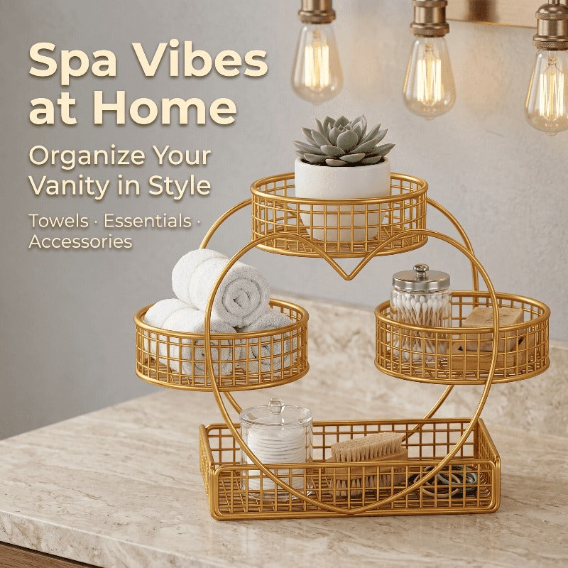 Three-Tier Gold-Tone Wire Fruit Basket with Three Round Bowls and Rectangular Countertop Base