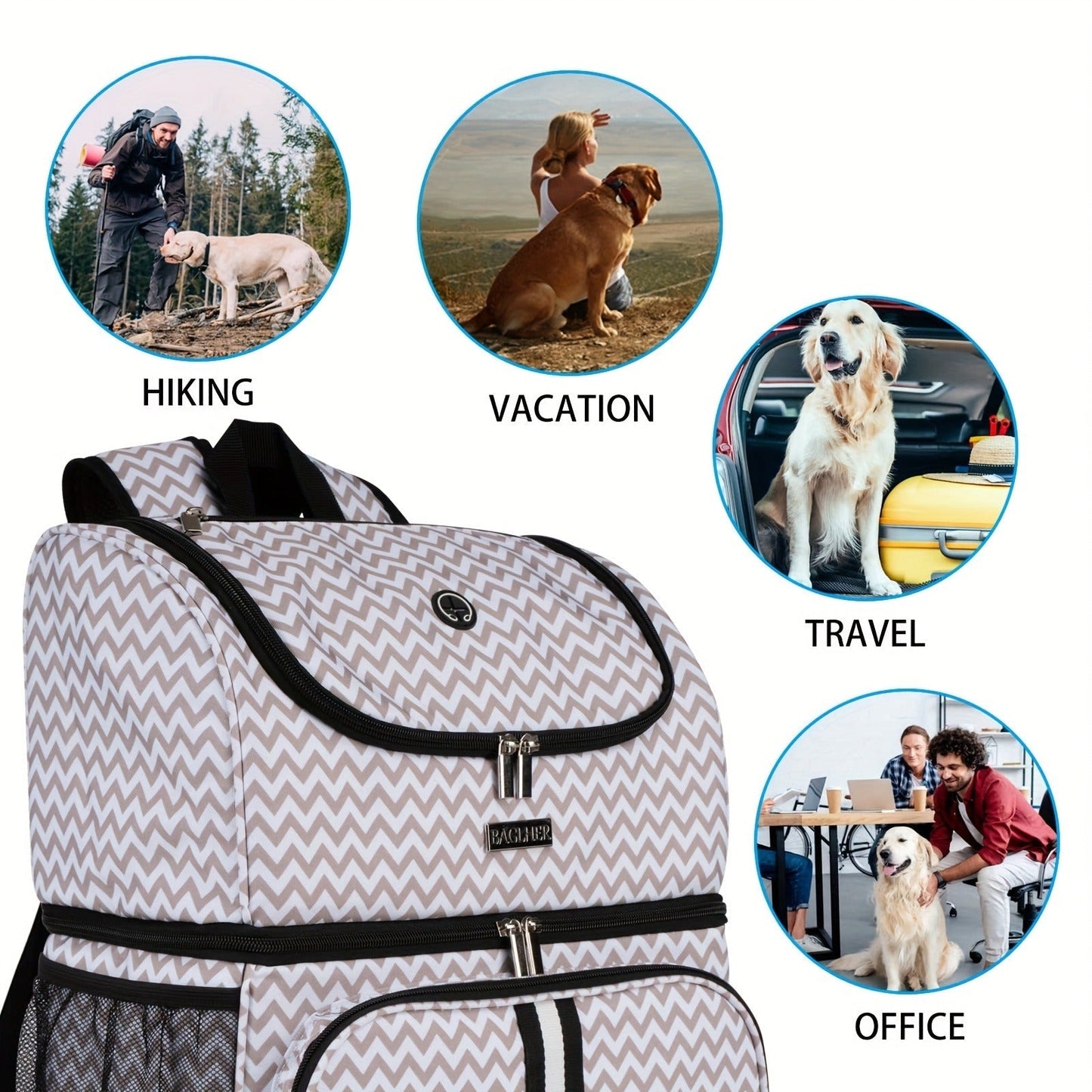 Pet Travel Backpack Double Layer Dog Cat Supplies Bag with 2 Collapsible Bowls 2 Food Baskets Portable Organizer for Outdoor Hiking Camping