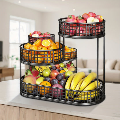 Three-Tier Black Wire Fruit Basket with Staggered Round Bowls and Rectangular Countertop Base