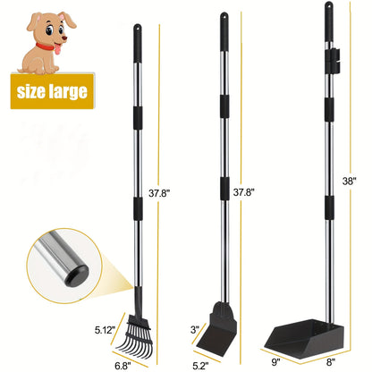 Dog Pooper Scooper Set – Stainless Steel Tray & Rake with Adjustable Long Handle, Rust-Proof Durable Pet Waste Removal Tool, Easy to Clean