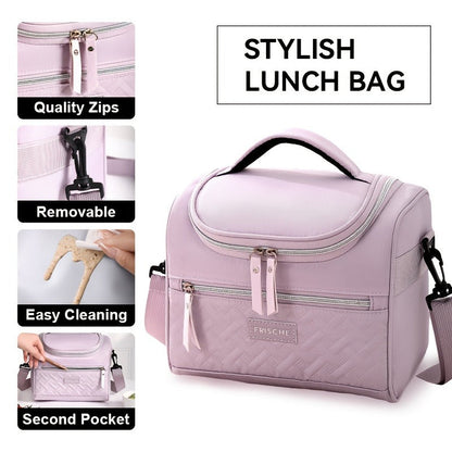 Quilted Lunch Bag Tote with Dual Zippers, Front and Side Pockets, Shoulder Strap and Four Colors