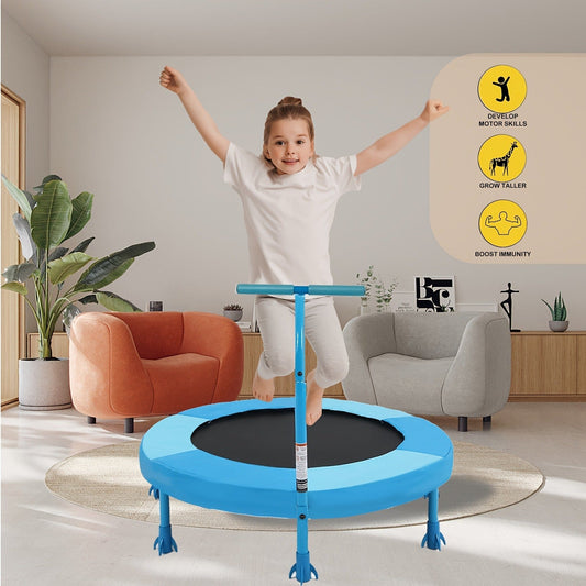 36 Inch Kids Indoor Trampoline with Handle – 7-Leg Safety Design, 2.0mm Steel Frame, 28 Coil Springs, Non-Slip Feet, PP Jump Mat