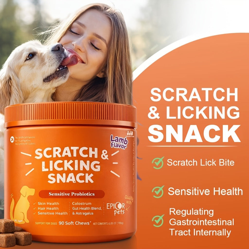 Dog Omega 3 Skin & Coat Chews 90ct – Lamb Flavor Soft Pellets with Probiotics for Itching, Scratching & Licking Relief