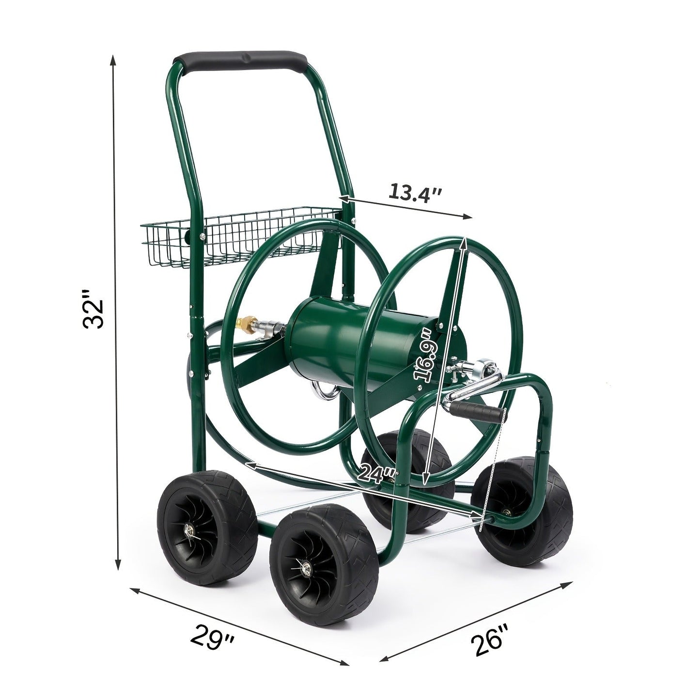 Garden Hose Reel Cart | 250ft Capacity, Heavy-Duty Steel, 4 Wheels & Storage Basket