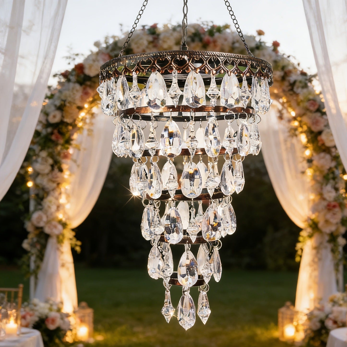 Solar Outdoor Lights 54-LED Hanging Crystal Chandelier in 6-Tier, Oval or Round Style for Gazebo Decor