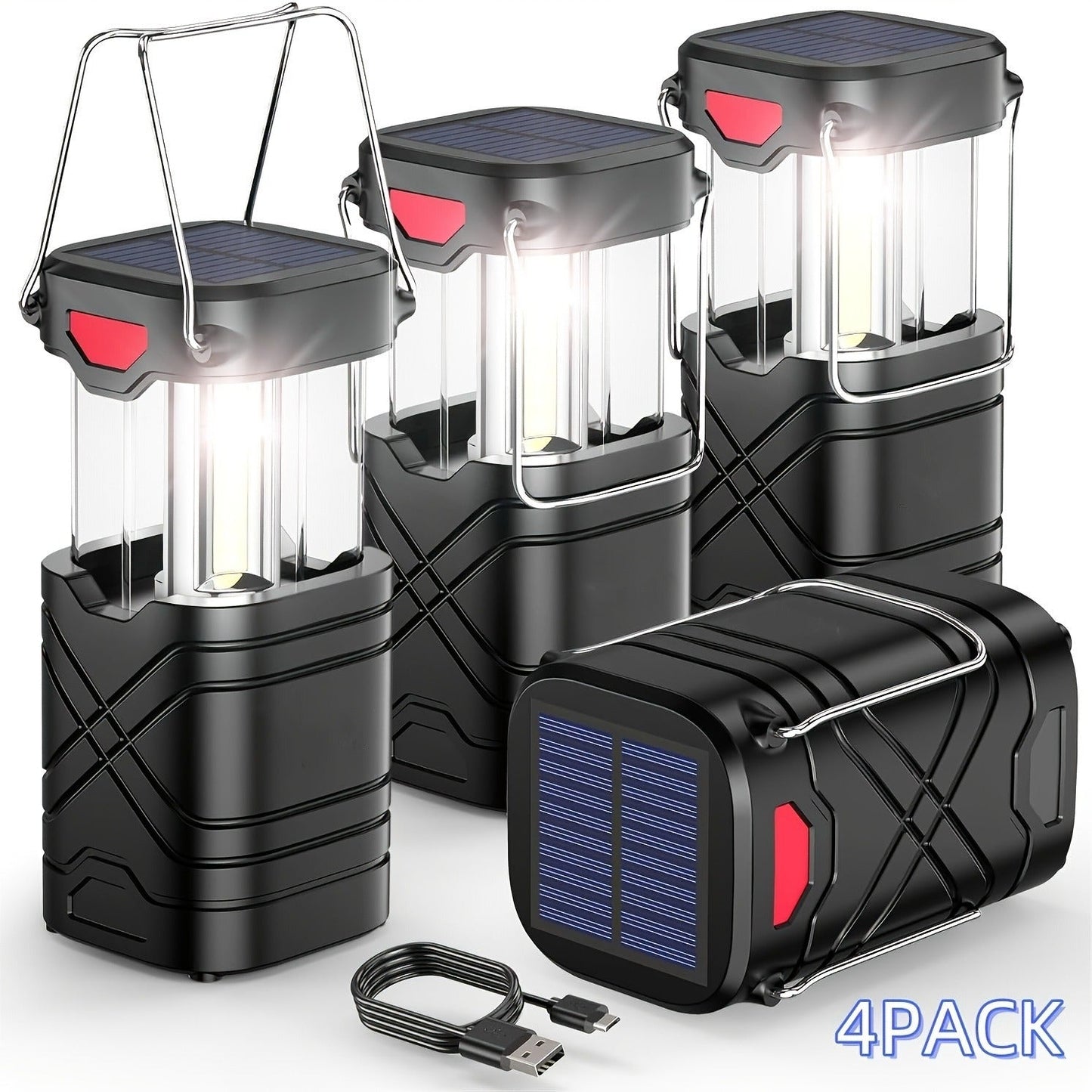 Collapsible Camping Lantern in Four- or Eight-Piece Packs with Solar Panel, USB Charging and Three Power Methods