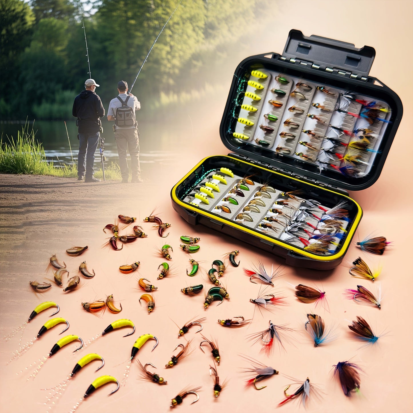 Fly Fishing Lures 72pcs Dry & Wet Flies Assortment with Fly Box – Hand-Tied 6 Patterns for Trout, Bass & Salmon, Biomimetic Bait
