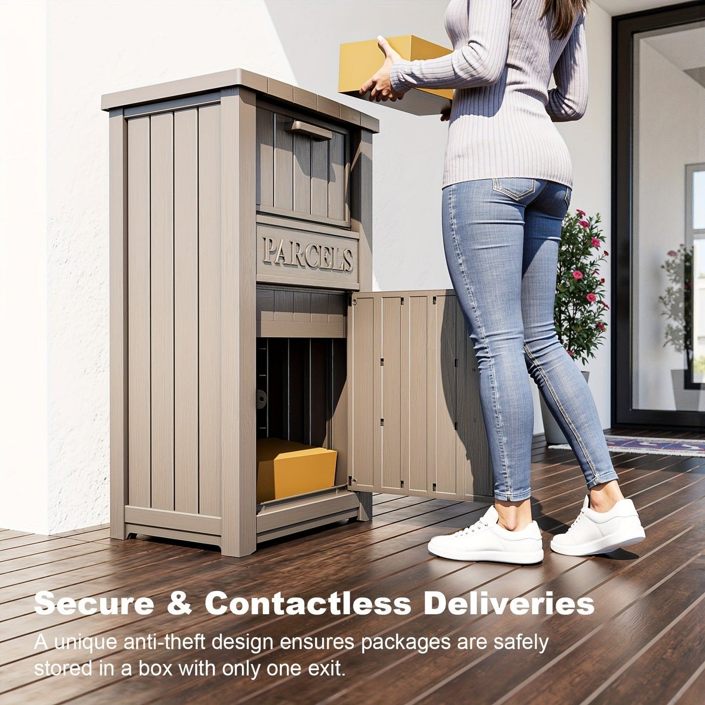 Tall Light-Brown Parcel Outdoor Storage Box with Drop Compartment, Front Door and Lock Hardware