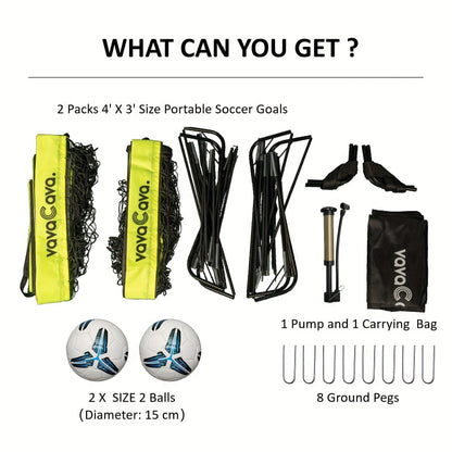 Portable Soccer Goals Set of 2 with Nets 4'x3' Backyard Indoor Outdoor Soccer Goal Kit with 2 Soccer Balls Pump and Carrying Bag for Kids